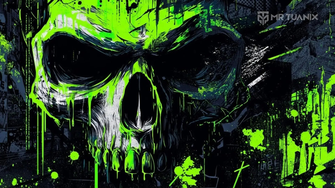 Neon green slime skull streetwear graphic with graffiti style background for MR TUANIX blog