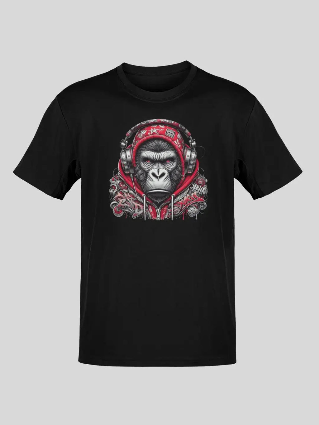 Black t-shirt with gorilla graphic design, red and white patterned scarf around neck, hood-like headwear