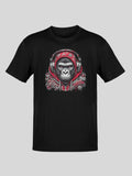 Black t-shirt with gorilla graphic design, red and white patterned scarf around neck, hood-like headwear