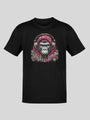 Black t-shirt with gorilla graphic design, red and white patterned scarf around neck, hood-like headwear