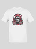 White t-shirt with graphic design of a gorilla wearing headphones and red bandana, printed on cotton material