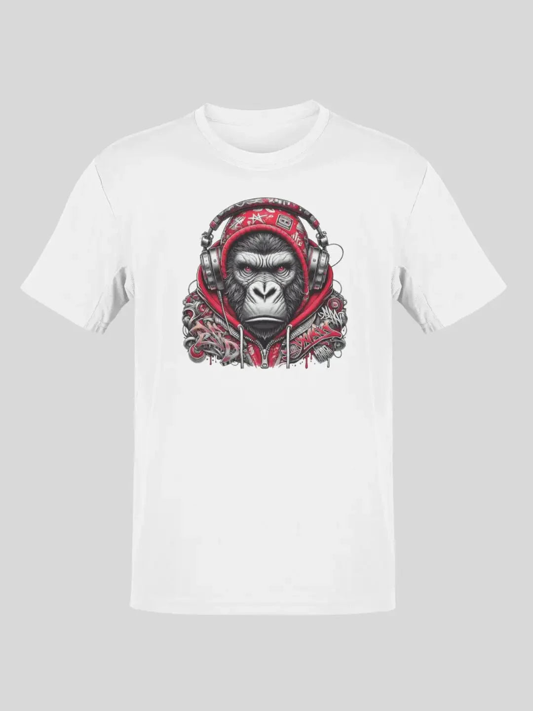 White t-shirt with graphic design of a gorilla wearing headphones and red bandana, printed on cotton material
