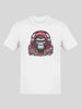 White t-shirt with graphic design of a gorilla wearing headphones and red bandana, printed on cotton material