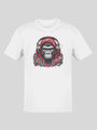 White t-shirt with graphic design of a gorilla wearing headphones and red bandana, printed on cotton material