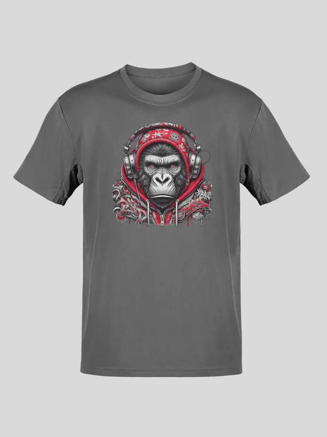 Charcoal gray t-shirt with a graphic of an ape wearing headphones and a red bandana, printed on the front