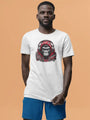 White t-shirt with graphic design of a gorilla wearing headphones and red accents