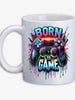 White ceramic mug with ’Born to Game’ design