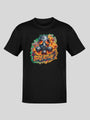 Black short-sleeved t-shirt with a graphic print of a gas mask surrounded by flames and colorful smoke, and the word ’BREATHE’ below it