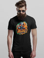 A black t-shirt with a graphic of a gas mask surrounded by flames and the word ’BREATHE’ on the front