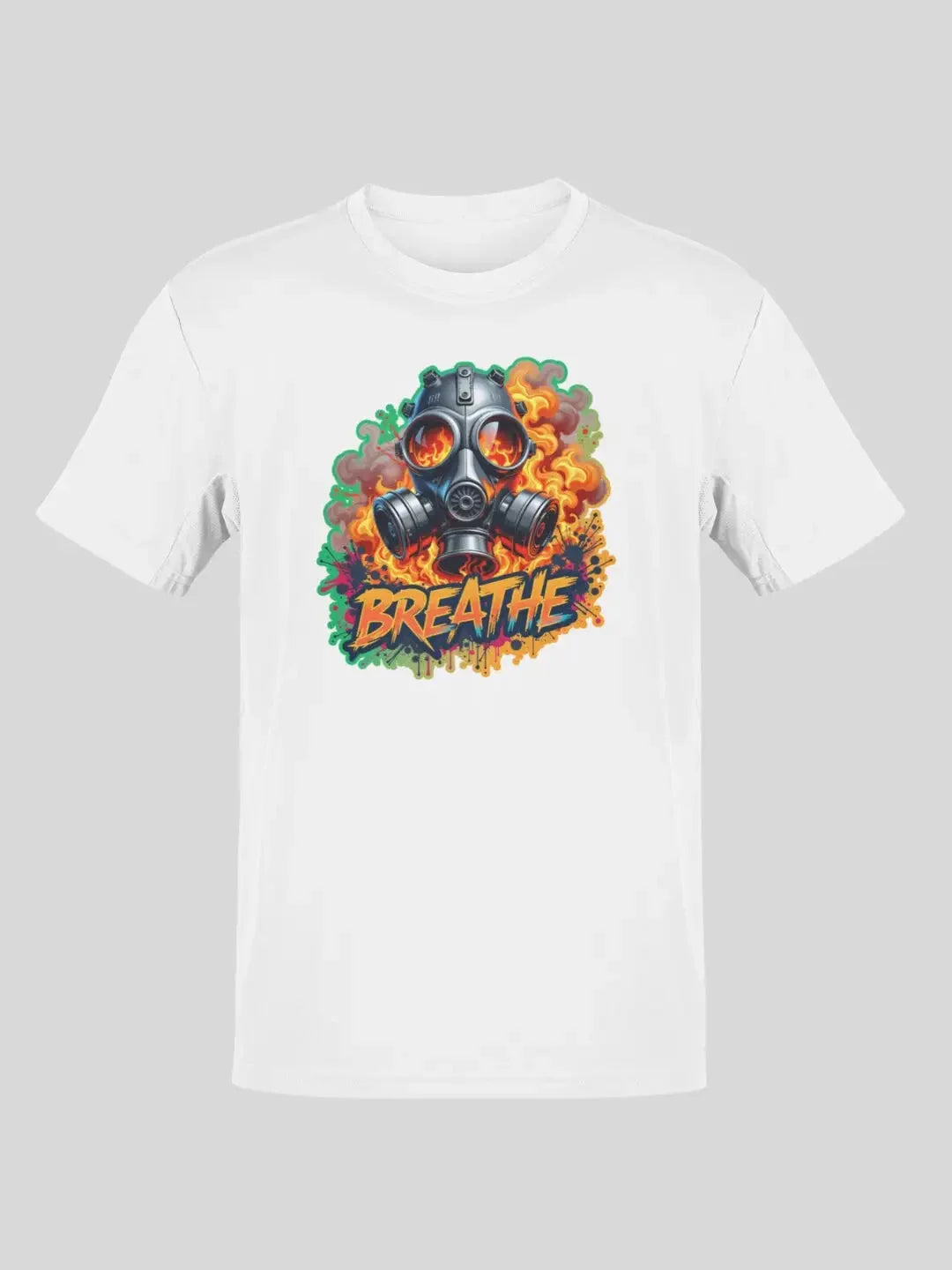 White short-sleeved t-shirt with a graphic of a gas mask surrounded by flames and smoke