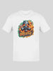 White short-sleeved t-shirt with a graphic of a gas mask surrounded by flames and smoke