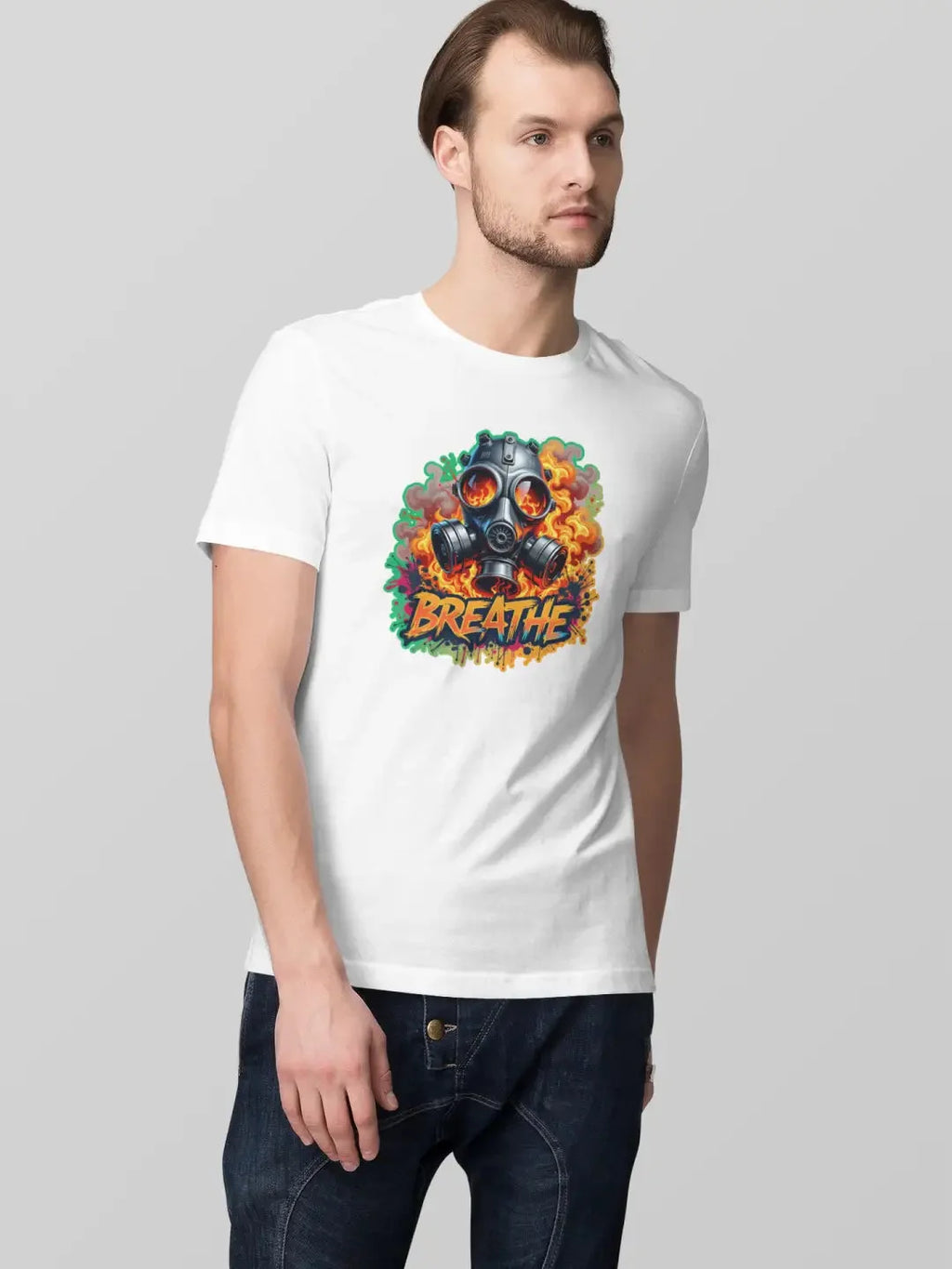 Men’s white crew neck t-shirt with a graphic print of a gas mask surrounded by flames and the word ’BREATHE’ on the front