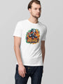 Men’s white crew neck t-shirt with a graphic print of a gas mask surrounded by flames and the word ’BREATHE’ on the front