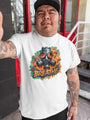 White short-sleeved t-shirt with a graphic of a gas mask surrounded by flames and the word ’BREATHE.’