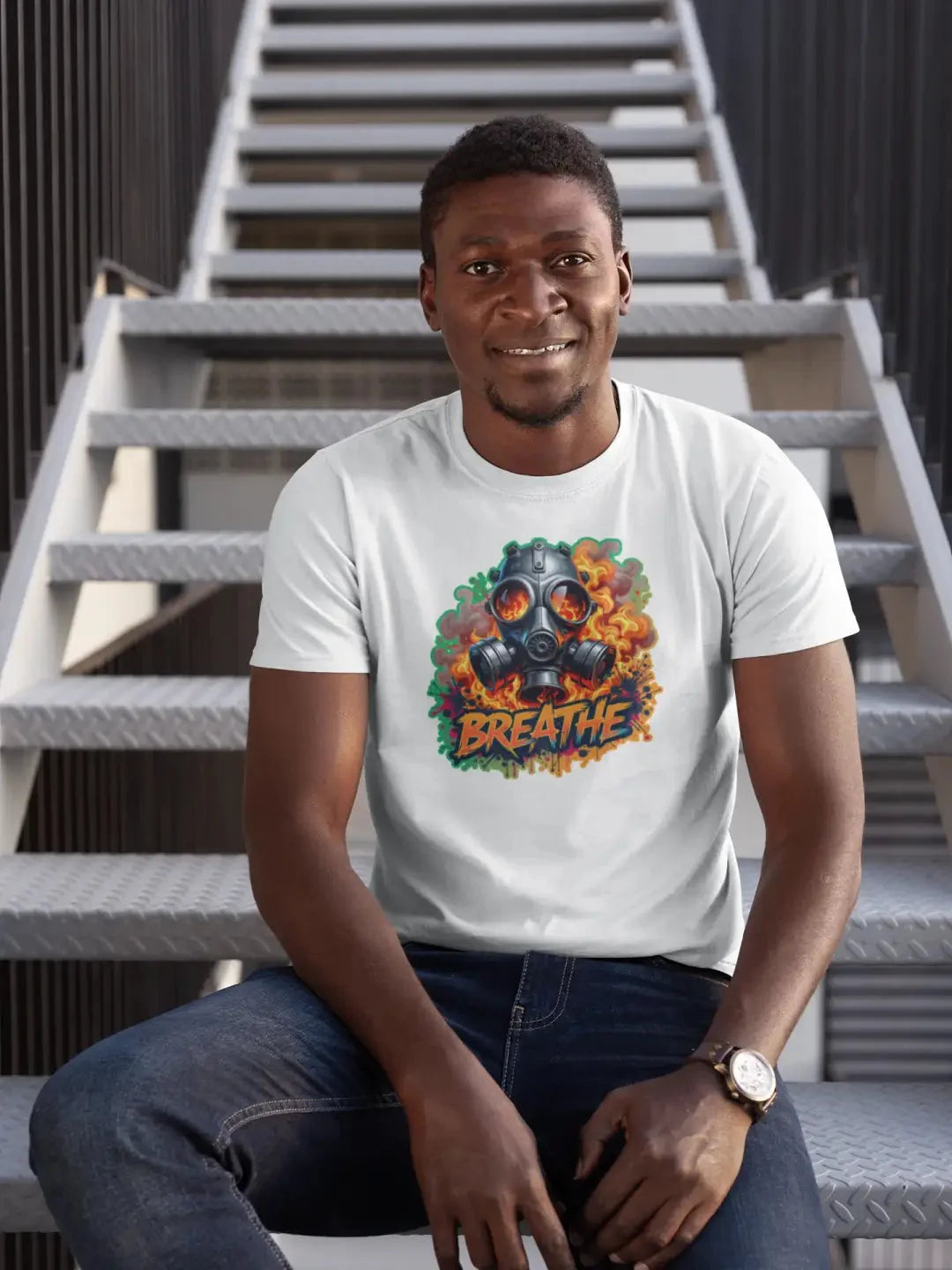 A man wearing a white t-shirt featuring a graphic of a gas mask surrounded by colorful smoke and the word ’BREATHE.’