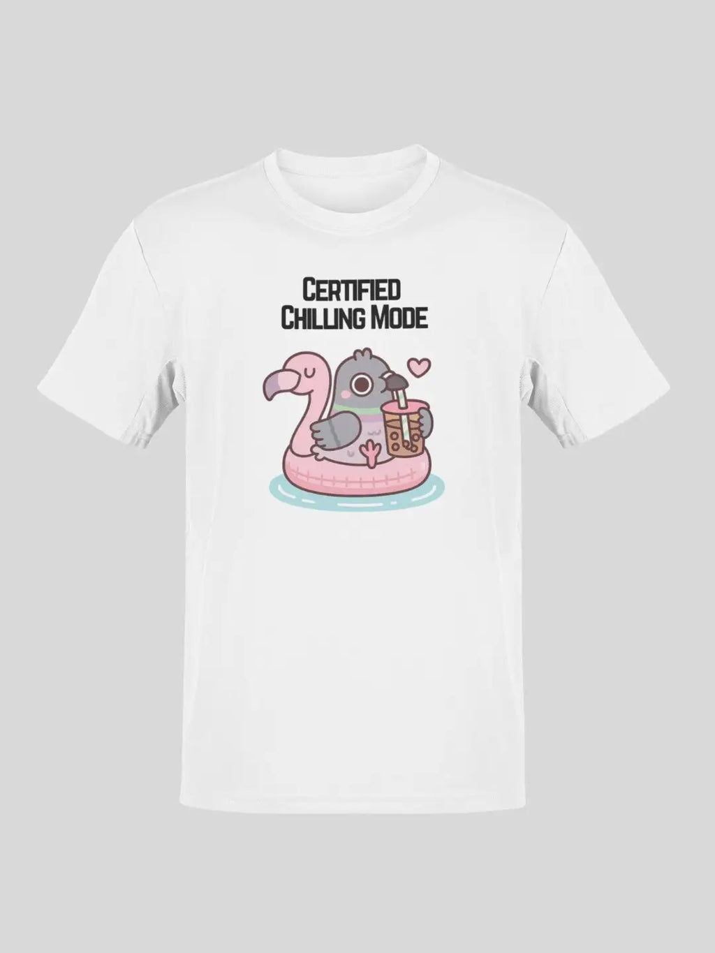 White short-sleeved t-shirt with a cartoon pigeon on a flamingo floatie