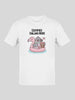 White short-sleeved t-shirt with a cartoon pigeon on a flamingo floatie