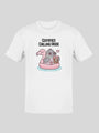 White short-sleeved t-shirt with a cartoon pigeon on a flamingo floatie