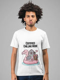 Men’s white t-shirt with a graphic of a pigeon in a flamingo floatie drinking boba tea and the text ’CERTIFIED CHILLING MODE’