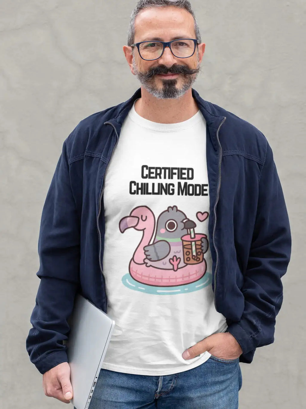 White t-shirt with a graphic of a pigeon in a flamingo floatie, drinking bubble tea