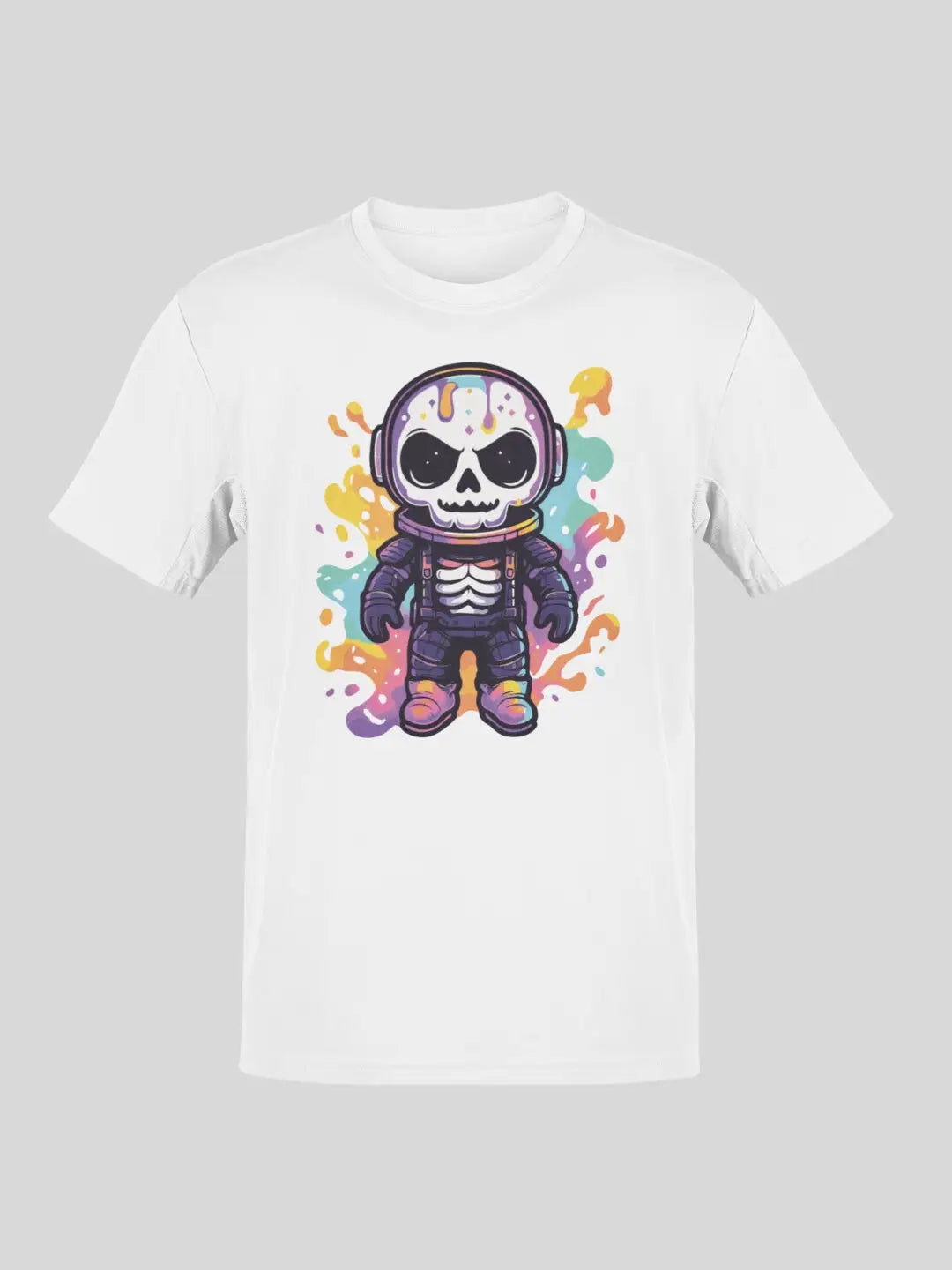 White t-shirt with a colorful cartoon skeleton astronaut graphic