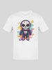 White t-shirt with a colorful cartoon skeleton astronaut graphic