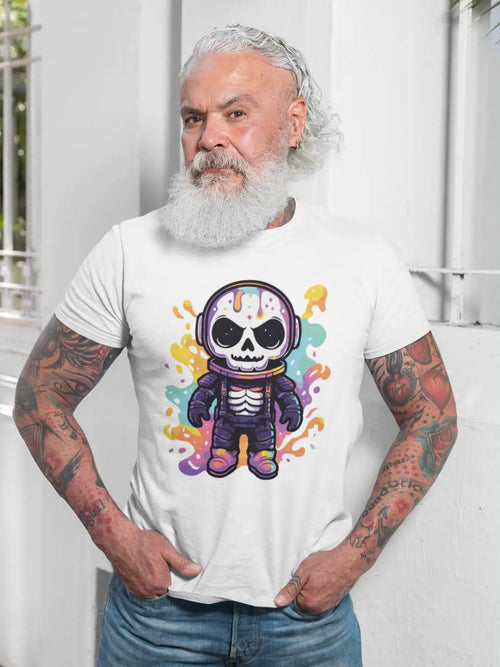 A white t-shirt with a colorful cartoon skeleton wearing a helmet
