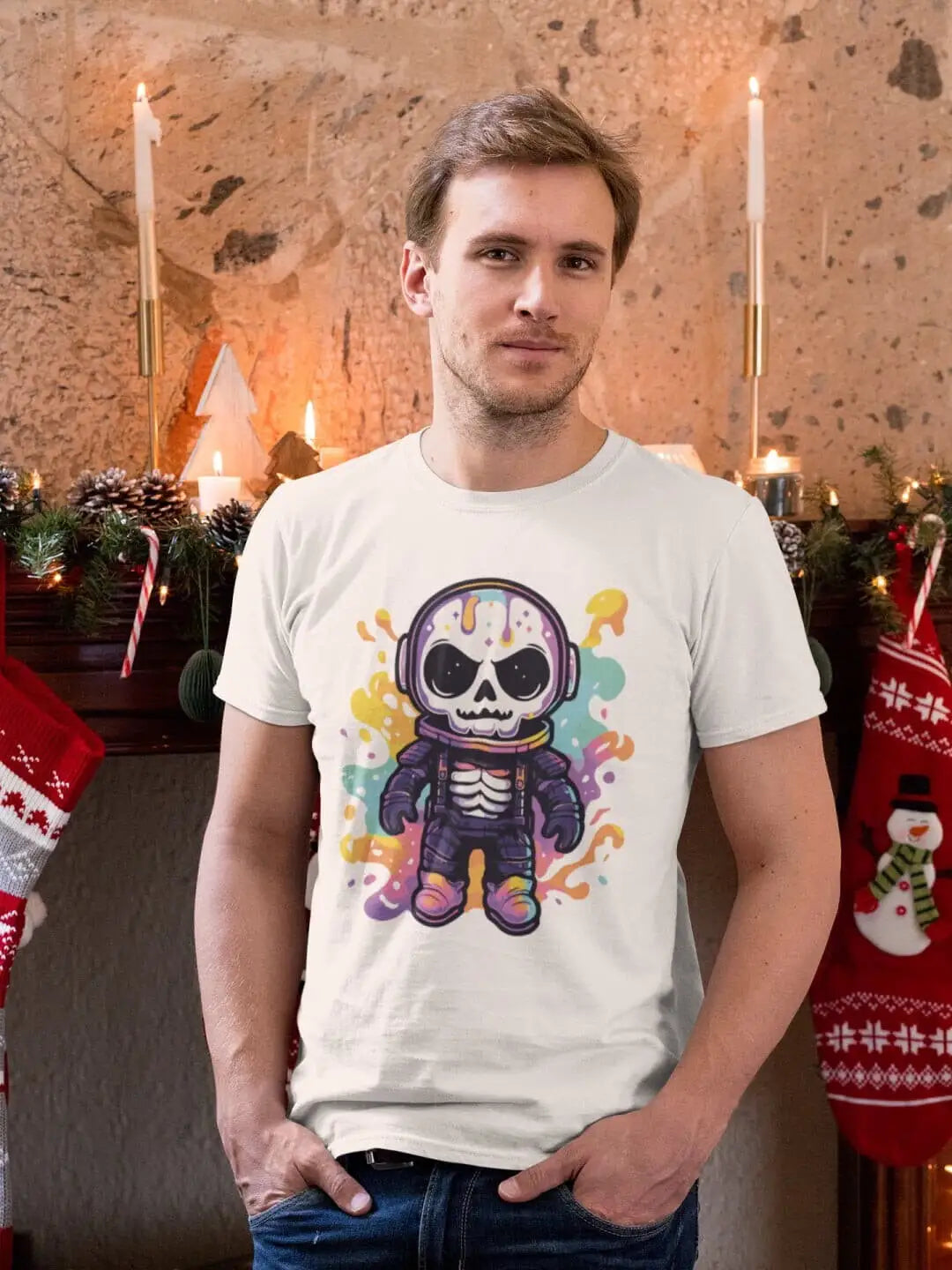 Men’s white crew-neck t-shirt with a cartoon skeleton wearing headphones and an astronaut suit
