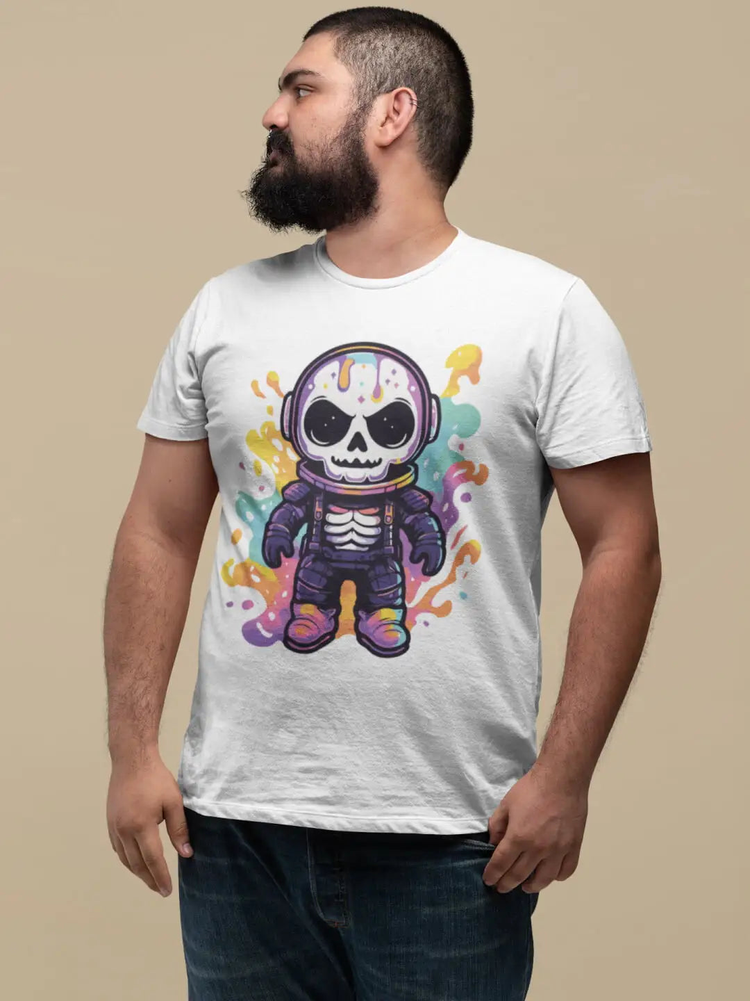 White t-shirt with a colorful cartoon skeleton astronaut graphic