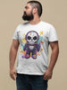 White t-shirt with a colorful cartoon skeleton astronaut graphic