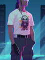A person wearing a white t-shirt with a skeleton graphic, dark cargo pants, and a single black glove