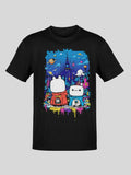 Black short-sleeve t-shirt with a colorful graphic of two cartoon characters in a city.