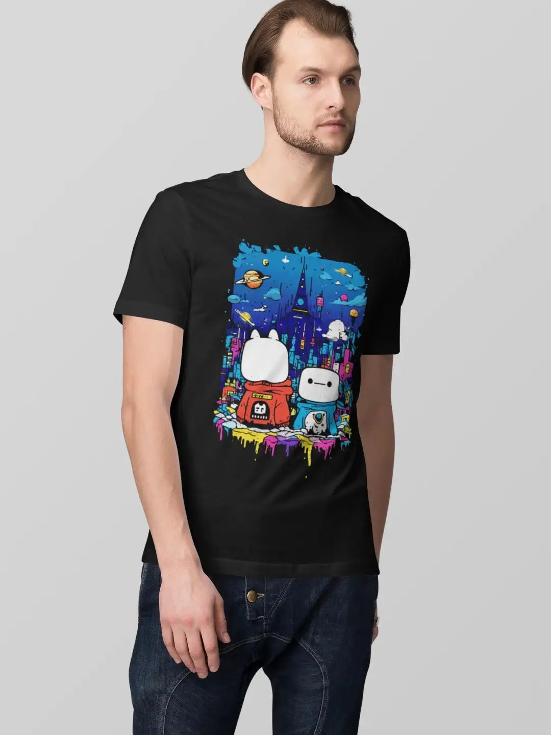 Men's black short-sleeve t-shirt with a colorful graphic print of two cartoon characters in a city scene.