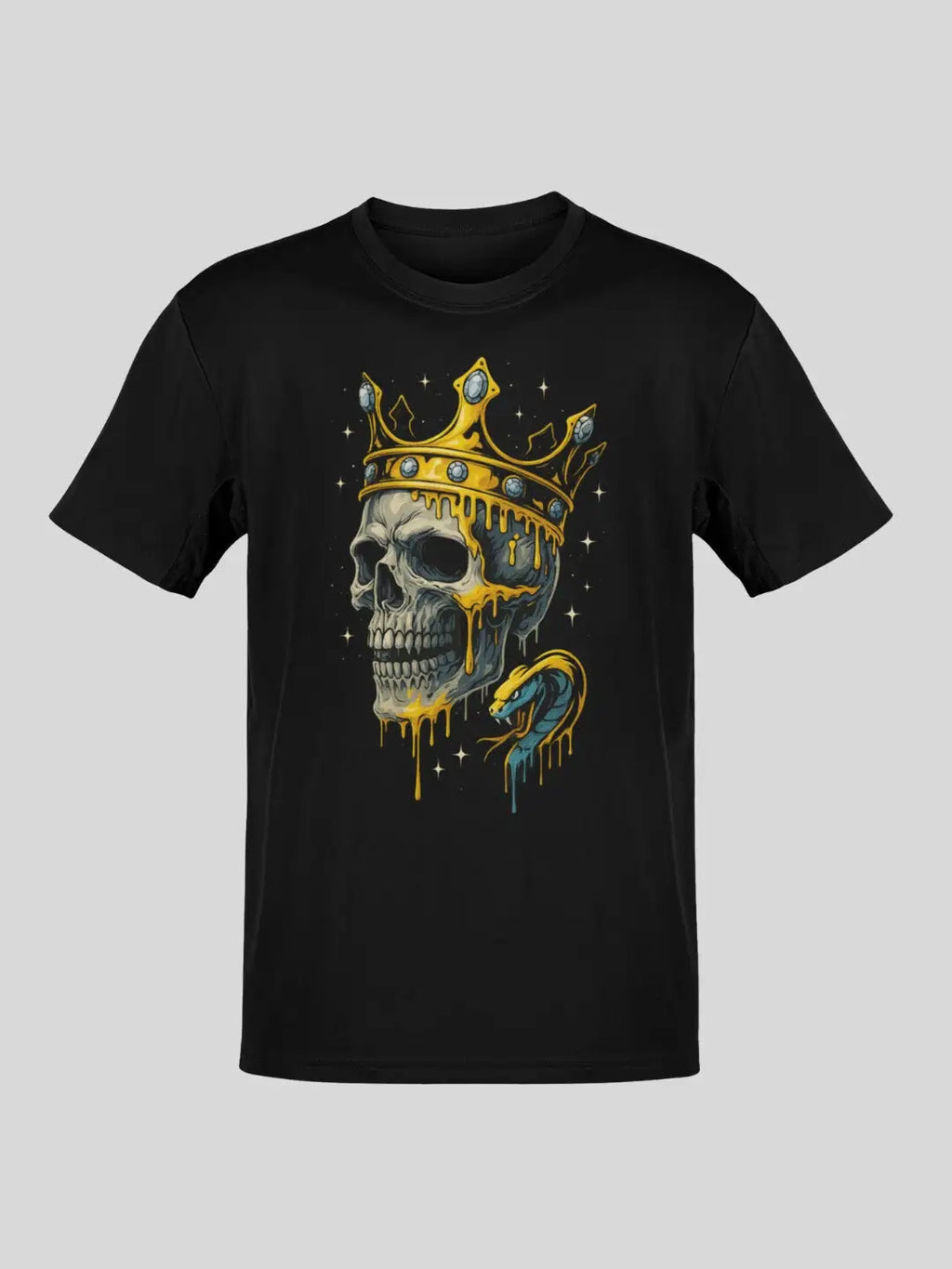Black t-shirt with a skull wearing a gold crown and a snake graphic