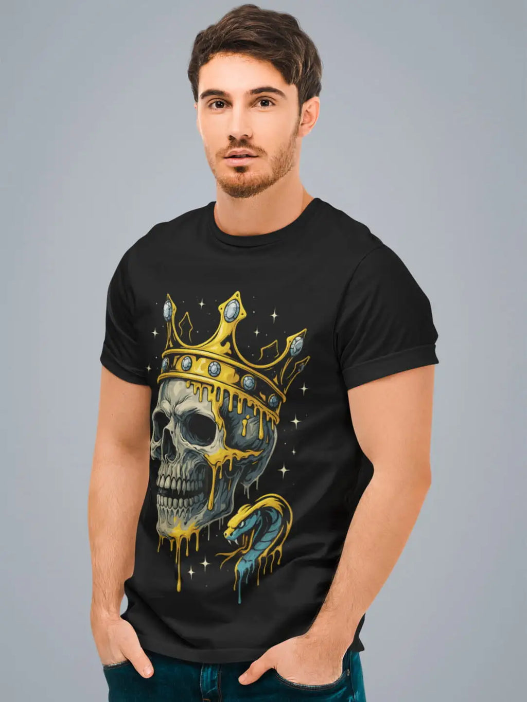 Men’s black short-sleeve t-shirt with a skull, crown, and snake graphic