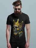 Black crewneck t-shirt with a graphic of a crowned skull dripping gold and a snake
