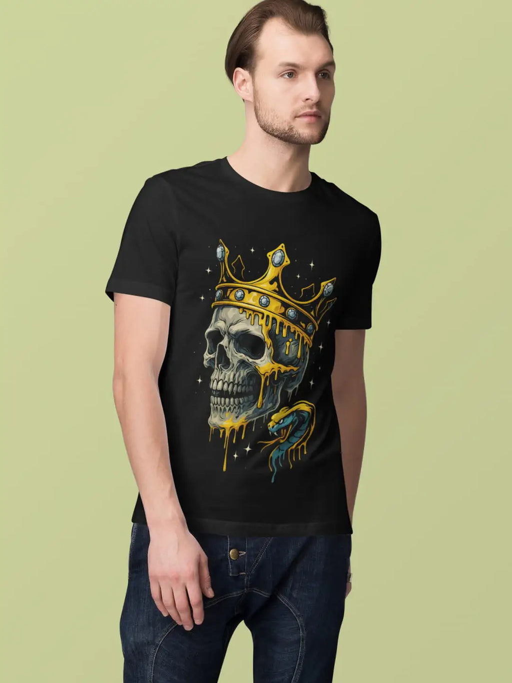 Men’s black short-sleeved t-shirt with a skull, crown, and snake graphic