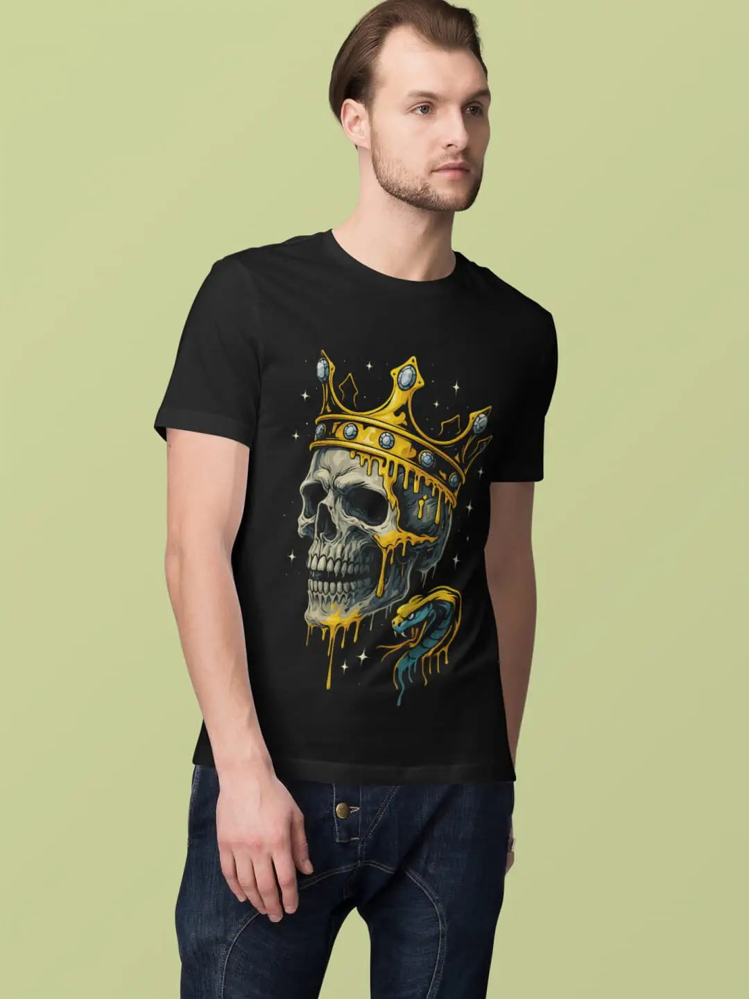 Men’s black short-sleeved t-shirt with a skull, crown, and snake graphic