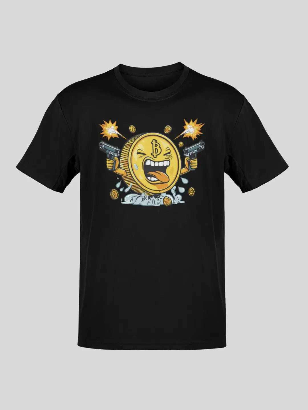 Black short-sleeved t-shirt with a cartoon bitcoin design