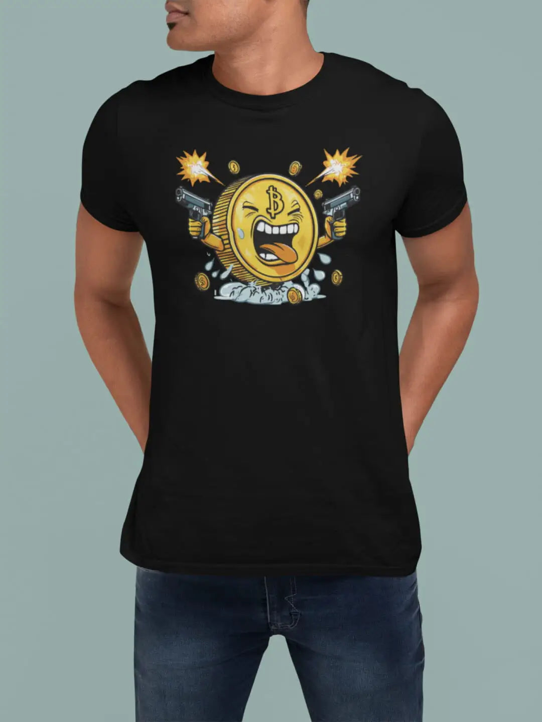 A black short-sleeve crewneck t-shirt with a colorful graphic of a gold coin firing guns