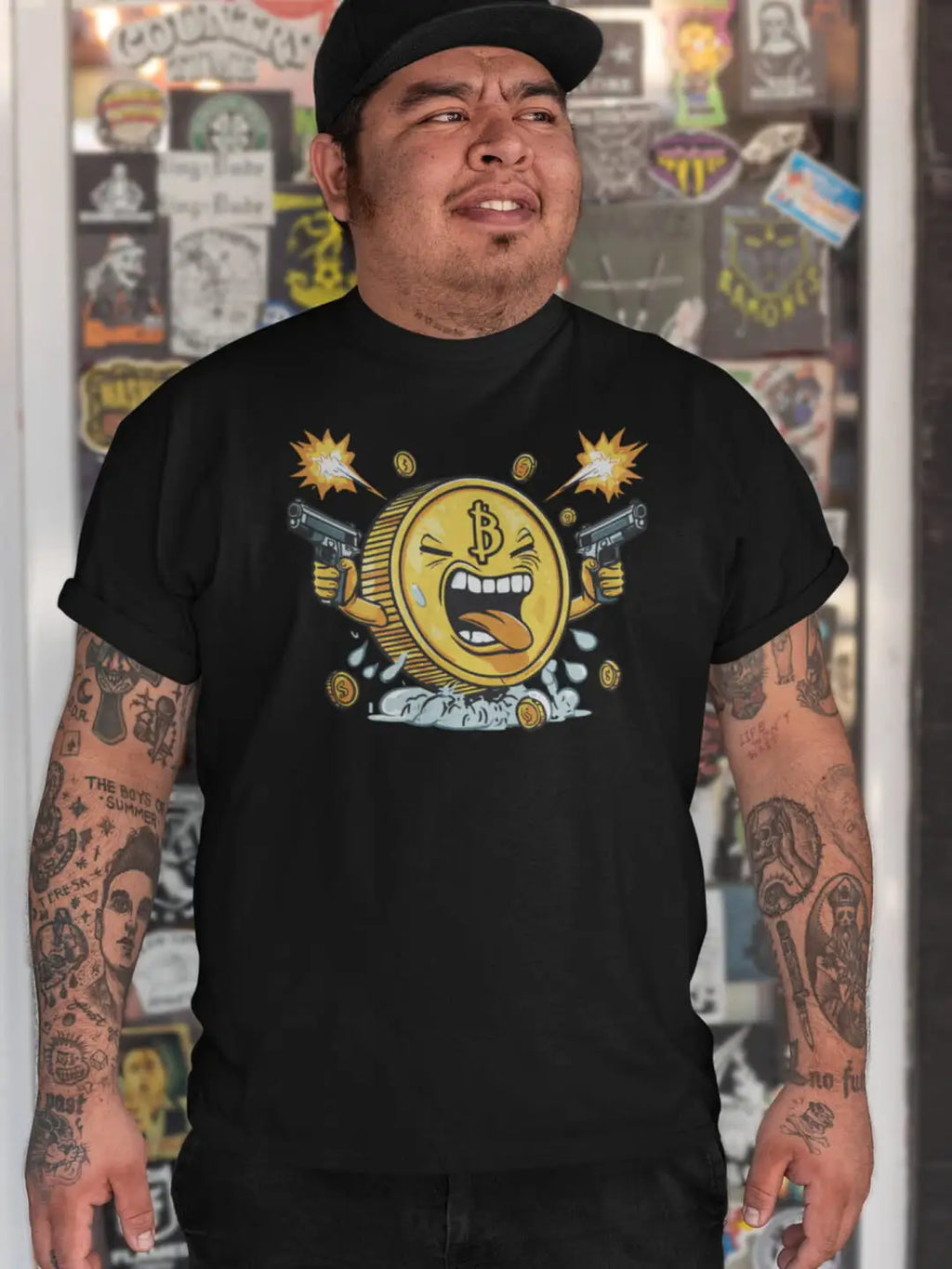 Black t-shirt with a cartoon Bitcoin graphic