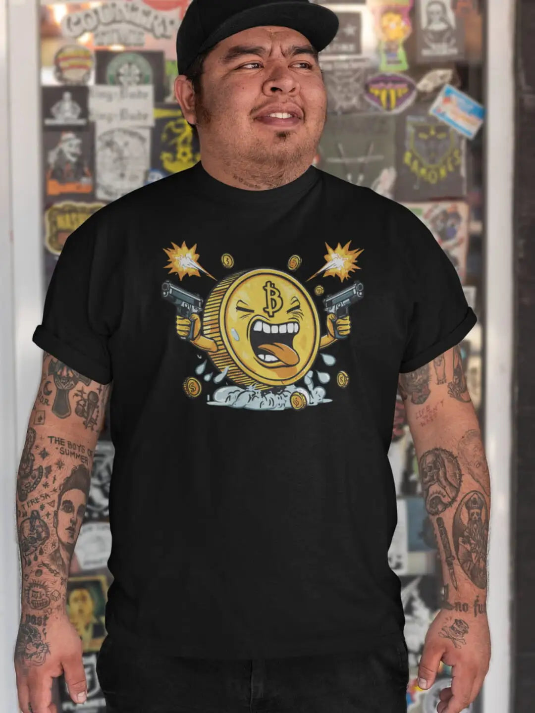 Black t-shirt with a cartoon Bitcoin graphic
