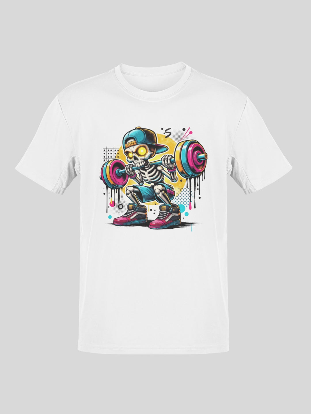 White t-shirt with a colorful graphic of a skeleton squatting with a barbell