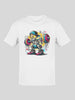 White t-shirt with a colorful graphic of a skeleton squatting with a barbell