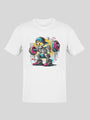 White t-shirt with a colorful graphic of a skeleton squatting with a barbell