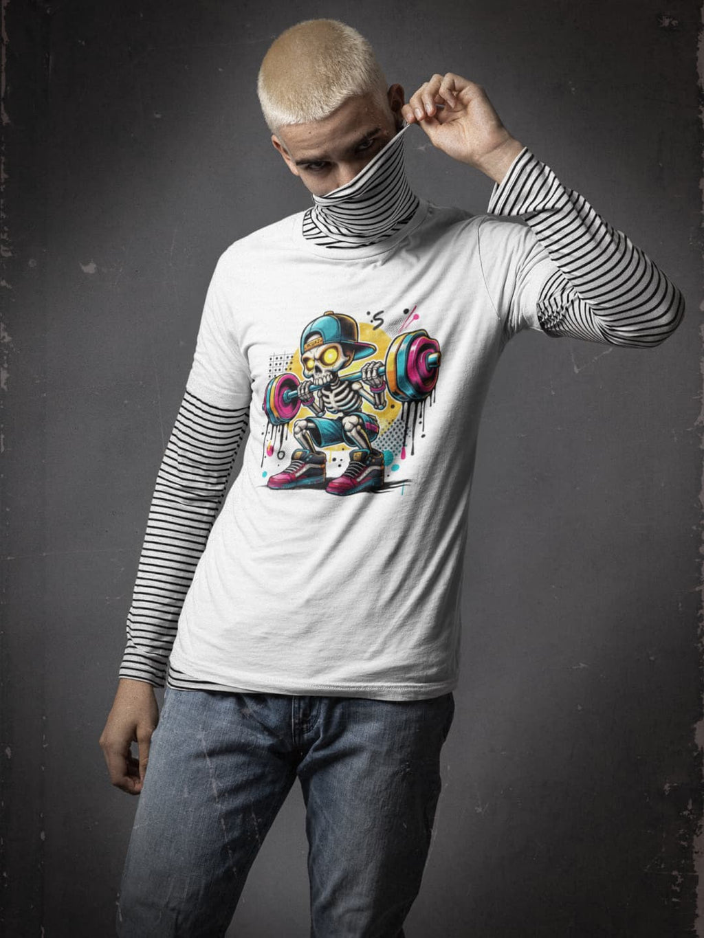 White t-shirt with a colorful cartoon skeleton lifting weights