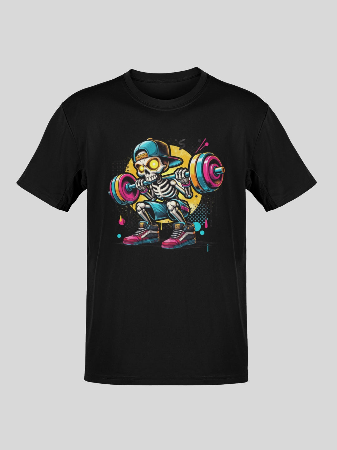 Black crew-neck t-shirt with a colorful cartoon skeleton lifting weights