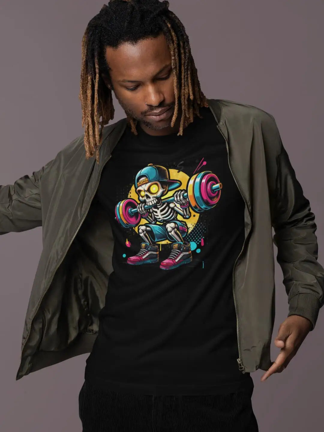 Black t-shirt with a colorful skeleton lifting weights graphic