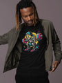 Black t-shirt with a colorful skeleton lifting weights graphic