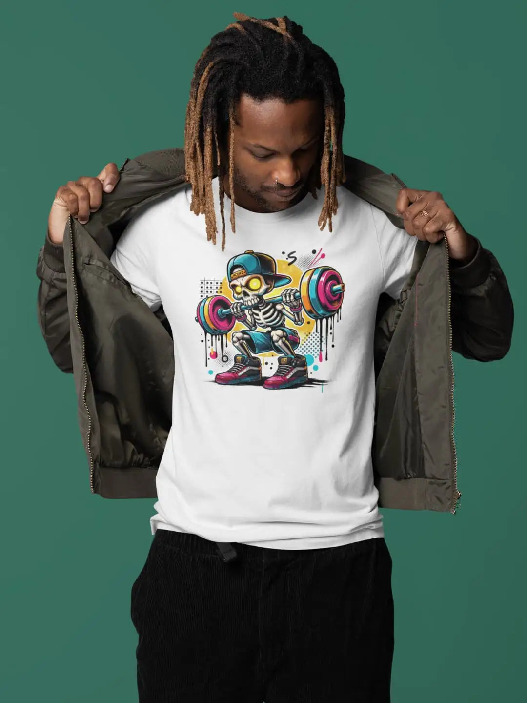 A white short-sleeve t-shirt with a colorful graphic of a skeleton weightlifter